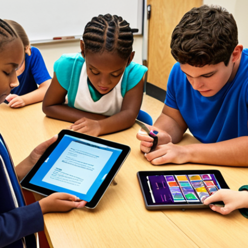 Home 4 **
A diverse classroom scene showcasing personalized learning. Include elements representing different learning styles: a student working on a hands-on project, another using a tablet with an educational app, and a small group collaborating. The overall atmosphere should be engaging and supportive.
**