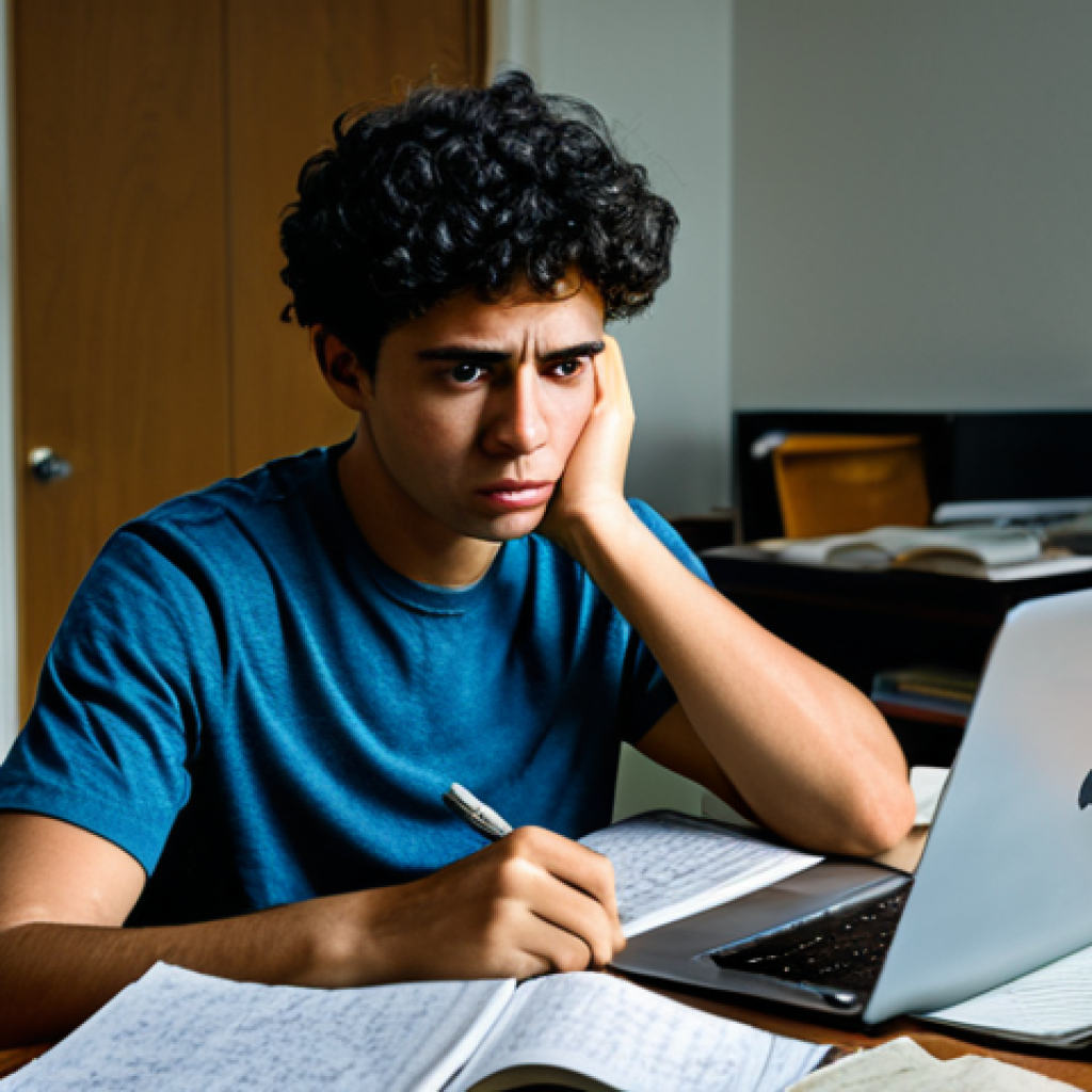 지식 합성 과정에서의 실패 사례 분석 - Online Course Frustration**
"A frustrated-looking student sitting at a messy desk with a laptop, su...