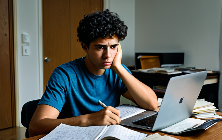 지식 합성 과정에서의 실패 사례 분석 - Online Course Frustration**
"A frustrated-looking student sitting at a messy desk with a laptop, su...