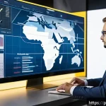 지식 합성의 지속 가능한 개발 전략 - A high-tech workspace showcasing a computer setup with multiple monitors displaying advanced AI anal...